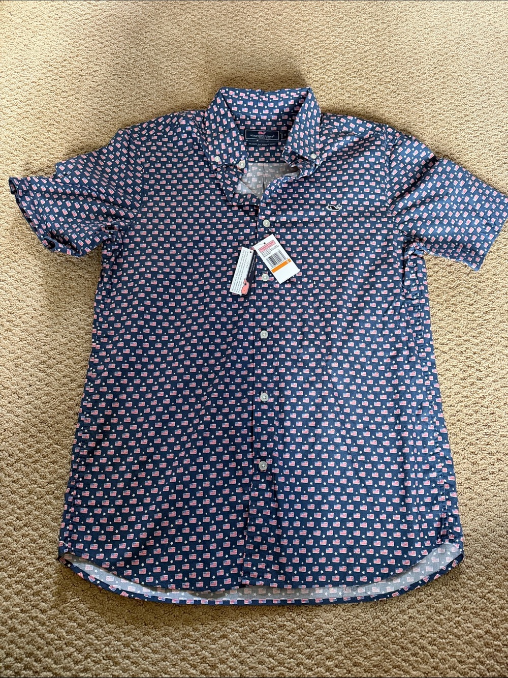 Vineyard Vines Short-Sleeve Navy Button-Down Shirt with Pink Micro Print - Picture 1 of 2
